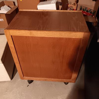 WOODEN 2 DRAWER FILING CABINET ON CASTERS AND A VINYL COVERED CHEST