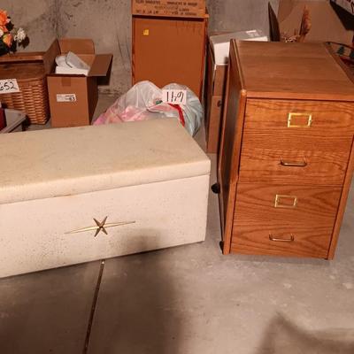WOODEN 2 DRAWER FILING CABINET ON CASTERS AND A VINYL COVERED CHEST