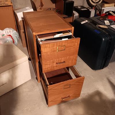WOODEN 2 DRAWER FILING CABINET ON CASTERS AND A VINYL COVERED CHEST