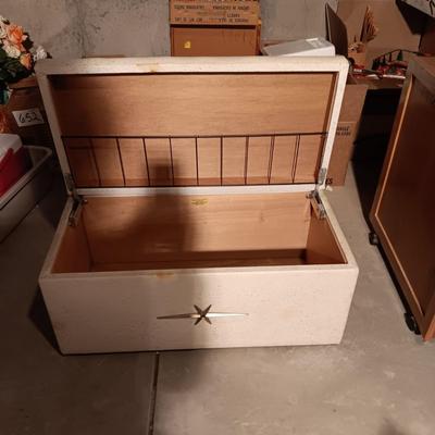 WOODEN 2 DRAWER FILING CABINET ON CASTERS AND A VINYL COVERED CHEST