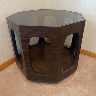 MID-CENTURY OCTAGON END TABLE & FAUX FOLIAGE