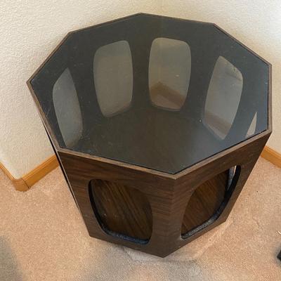 MID-CENTURY OCTAGON END TABLE & FAUX FOLIAGE