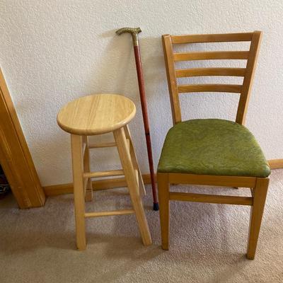 BRASS HANDLE CANE, CHAIR AND STOOL