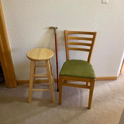 BRASS HANDLE CANE, CHAIR AND STOOL