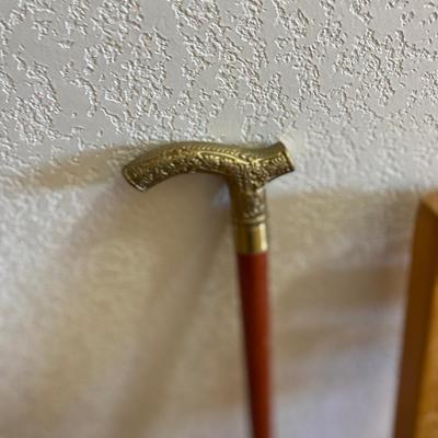 BRASS HANDLE CANE, CHAIR AND STOOL
