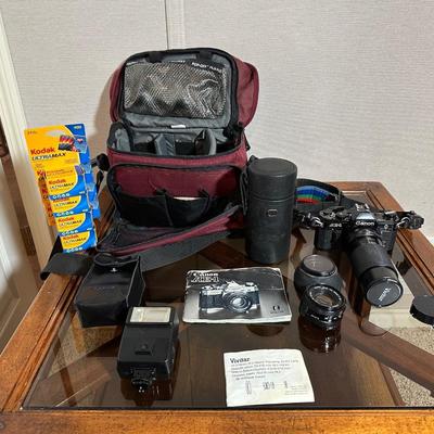 CANON AE-1 35MM CAMERA WITH VIVITAR LENS AND MORE