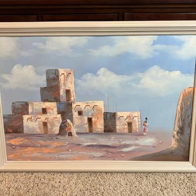 SIGNED SOUTH WEST THEMED OIL PAINTING, NATURAL WEAVING BY JEANIE LINDEMANN AND A PICTURE BY EYERTY