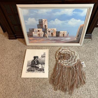 SIGNED SOUTH WEST THEMED OIL PAINTING, NATURAL WEAVING BY JEANIE LINDEMANN AND A PICTURE BY EYERTY