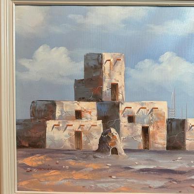 SIGNED SOUTH WEST THEMED OIL PAINTING, NATURAL WEAVING BY JEANIE LINDEMANN AND A PICTURE BY EYERTY