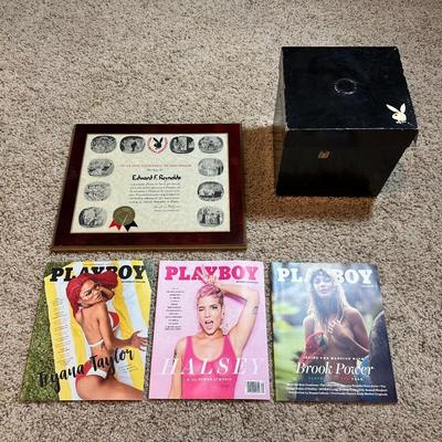 PLAYBOY LIFETIME SUBSCRIBER AWARD, PLAYBOY ICE BUCKET AND 3 MAGAZINES