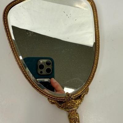 Antique Gold Tone Hand Mirror Hollywood Regency very heavy!