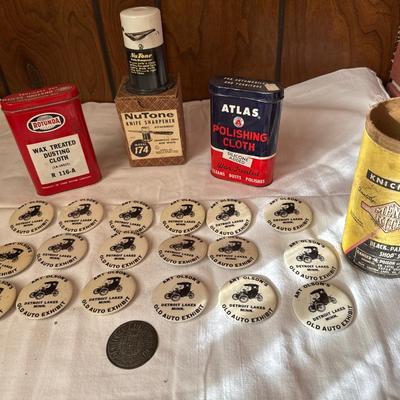 Vintage tins knife sharpener and pins