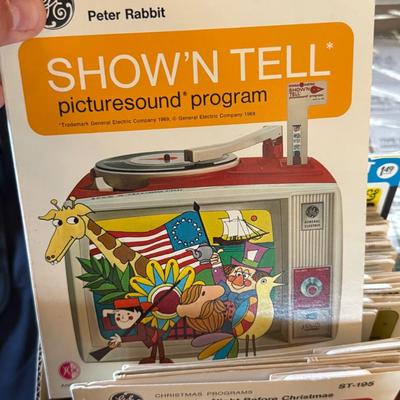 Box of GE Children's "Show'N Tell" picturesound program 45 records/books
