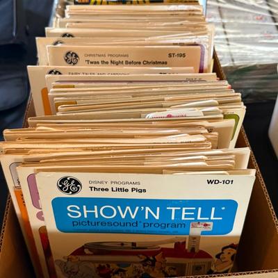 Box of GE Children's "Show'N Tell" picturesound program 45 records/books