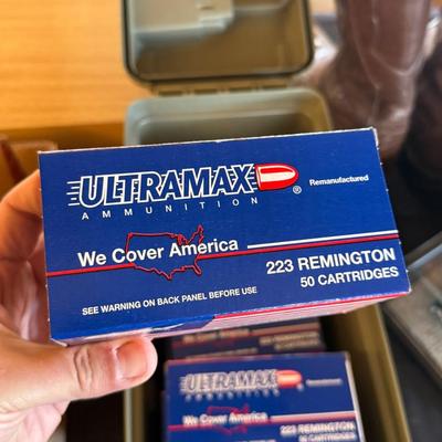 Ammo box w/10 boxes of Ultramax 223 Remington 50 cartridges per box (500 Rounds)