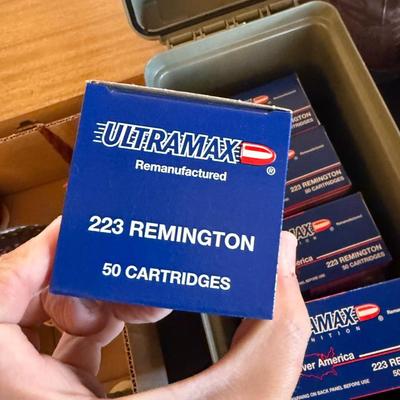 Ammo box w/10 boxes of Ultramax 223 Remington 50 cartridges per box (500 Rounds)