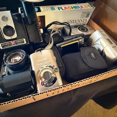Big lot of camera equipment - Brownie/Panasonic Camcorder/Konica 35mm/some digital camera