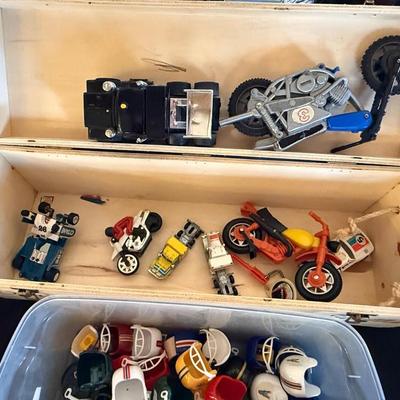 3 Boxes Vintage Toys-View Master w/some slides, mini NFL football Helmets, cars