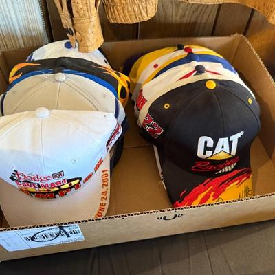Lot of mostly Nascar themed ball caps/hats