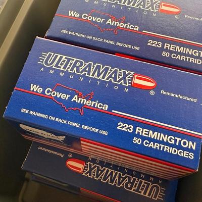 Plastic Ammo box w/10 boxes of Ultramax 223 Remington ammo