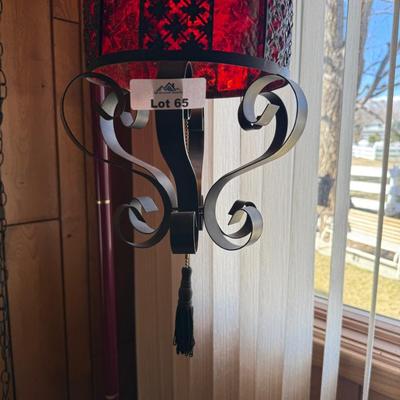 Vintage black metal swag lamp with red shade & chain