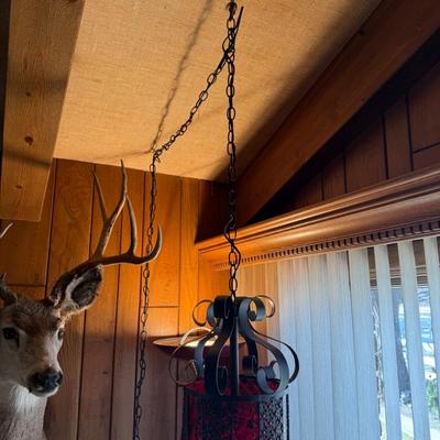 Vintage black metal swag lamp with red shade & chain