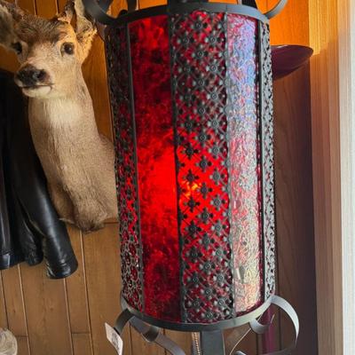 Vintage black metal swag lamp with red shade & chain
