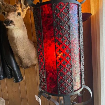 Vintage black metal swag lamp with red shade & chain