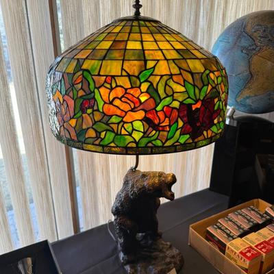 Tiffany style Stained Glass Lamp with Brass Grizzly Bear Base