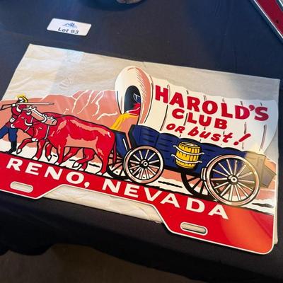 Vintage metal Harold’s Club or Bust Reno NV sign/license plate topper