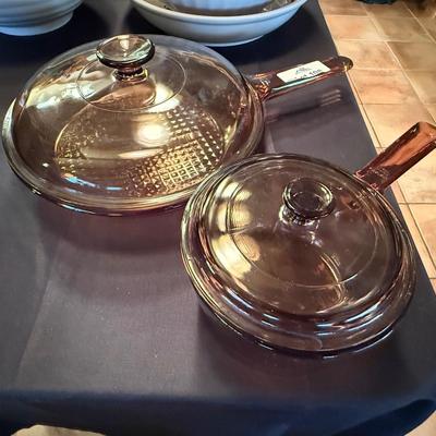 2 Brown Vision Glass Pots with lids