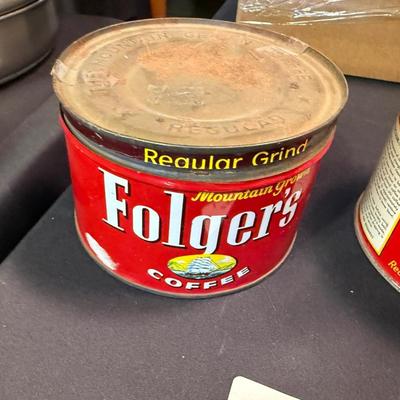 2 Vintage metal Coffee Cans/Tins - 1 Hills Bros. & 1 Folger's