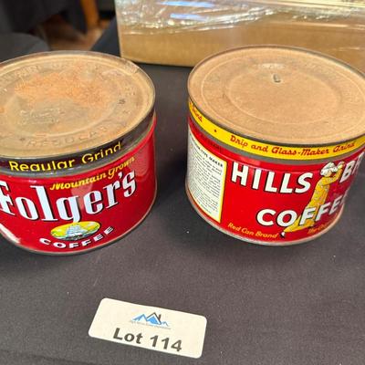 2 Vintage metal Coffee Cans/Tins - 1 Hills Bros. & 1 Folger's