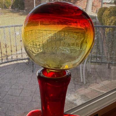 Orange/Red/Yellow glass vintage decanter w/ball top stopper