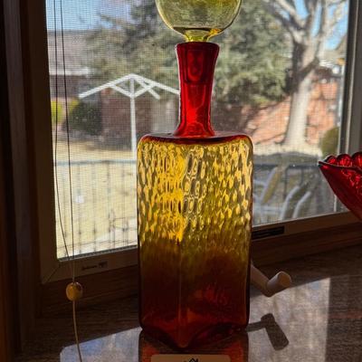Orange/Red/Yellow glass vintage decanter w/ball top stopper