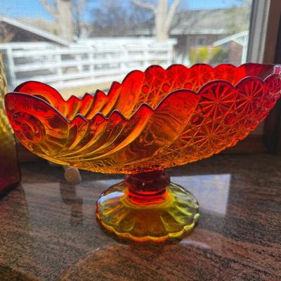 Orange/yellow/red vintage glass footed candy dish