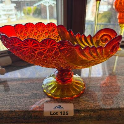 Orange/yellow/red vintage glass footed candy dish