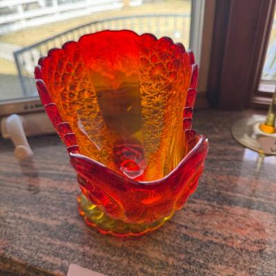 Orange/yellow/red vintage glass footed candy dish