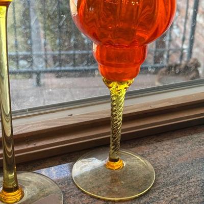 2 Orange & Yellow footed glass vases