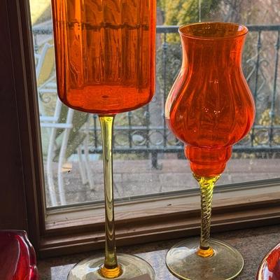 2 Orange & Yellow footed glass vases