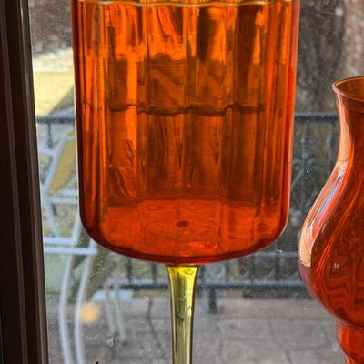 2 Orange & Yellow footed glass vases