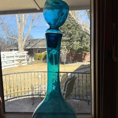 Vintage 23”T Blue Glass Decanter with big stopper