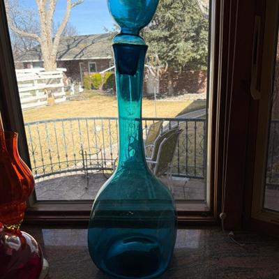 Vintage 23”T Blue Glass Decanter with big stopper