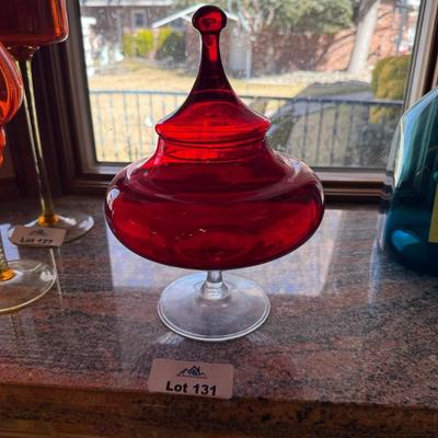 Red glass footed candy dish with lid