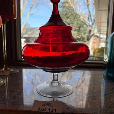 Red glass footed candy dish with lid