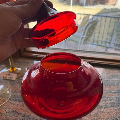 Red glass footed candy dish with lid