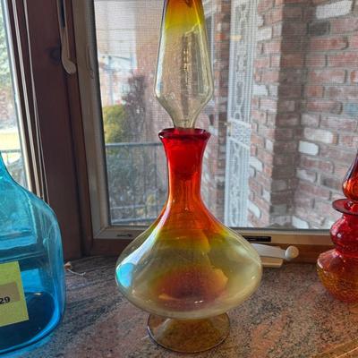 Red/Orange/Yellow vintage glass genie jar vase & stopper
