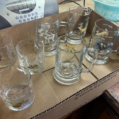 Box of 7 mugs and glasses with Ned Smith artwork