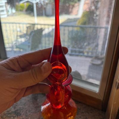 Red/orange/yellow crackled glass decanter w/stopper