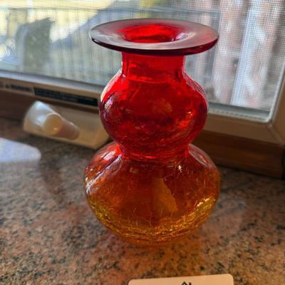 Red/orange/yellow crackled glass decanter w/stopper